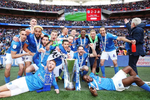 Pompey celebrate their Checkatrade Trophy final in 2019. Picture: Joe Pepler