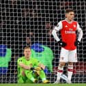 From left: David Luiz, Bernd Leno and Lucas Torreira look dejected after Arsenal conceded a second goal in their Europa League round of 32 second leg match against Olympiacos.  Picture: Julian Finney/Getty Images