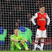 From left: David Luiz, Bernd Leno and Lucas Torreira look dejected after Arsenal conceded a second goal in their Europa League round of 32 second leg match against Olympiacos.  Picture: Julian Finney/Getty Images