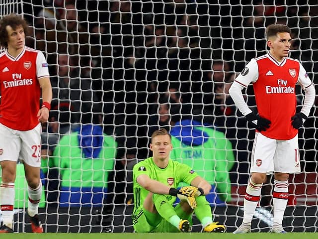 From left: David Luiz, Bernd Leno and Lucas Torreira look dejected after Arsenal conceded a second goal in their Europa League round of 32 second leg match against Olympiacos.  Picture: Julian Finney/Getty Images