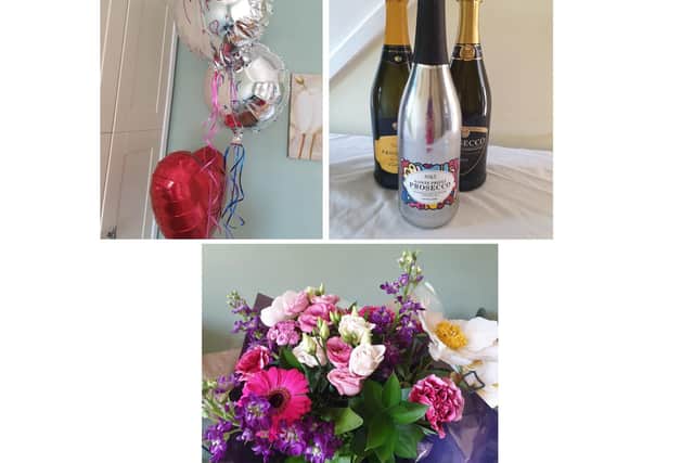 Matt Milham and Tracie Bruno from Stubbington had to postpone their wedding for a year due to coronavirus restrictions, but their friends pulled out all the stops to make sure they marked the original date. Pictured: Gift deliveries which appeared throughout the day