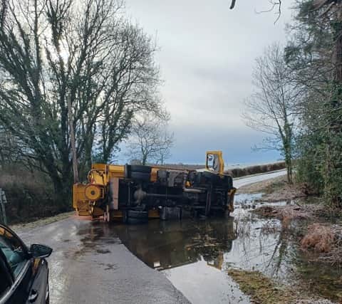The gritter was deployed to help a school bus that got stranded in icy conditions in Trampers Lane, North Boarhunt. Picture: Milestone/Hampshire County Council.