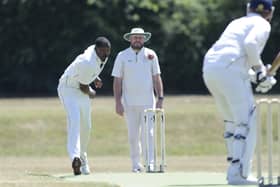 Kesron McDonald bowling for Portsmouth Community in their first ever home game against Rowner at Cockleshell Gardens. Picture Ian Hargreaves