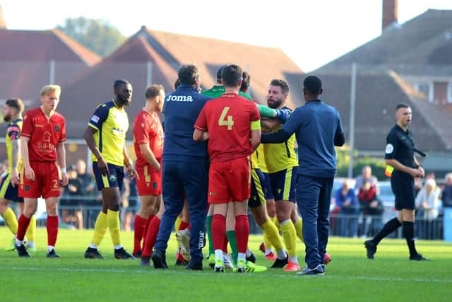 Tempers rise in the second half. Picture: Tom Phillips