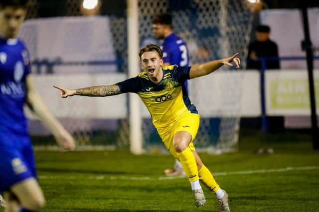 Former Portsmouth midfielder Charlie Bell celebrates his goal last night in the Wessex League derby win at Baffins. Picture by Dave Bodymore