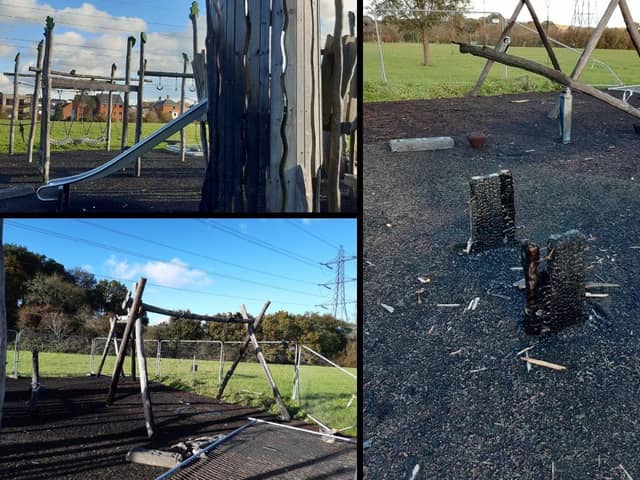 Repairs are underway at the playground in Newlands, Waterlooville which was damaged when it was set on fire in the summer
