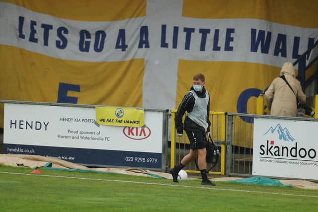 Jake Travis - seen here in PPE during Hawks' recent National League South play-off loss to Dartford at Westleigh Park - is joining Denmead as a player. Photo by Dave Haines