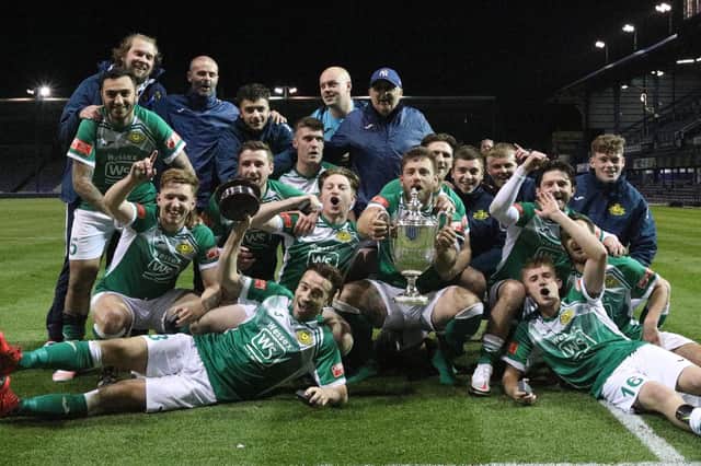 Moneyfields celebrate winning the delayed 2019/20 Portsmouth Senior Cup final at Fratton Park last April, after a penalty shoot-out win against Baffins Milton Rovers.
Picture: Chris Moorhouse