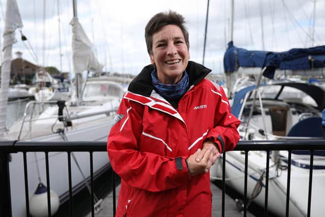 Debs Carson of Denmead, hopes to be departing from Falmouth on Tuesday, weather permitting, in the Long Way Up sailing challenge for disabled sailors, from Lands End to John O'Groats and back. Picture: Chris Moorhouse  (jpns 310821-07)