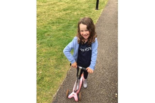 Maisy Brotherton-Smillie, 5 from Gosport, scooted 26 miles for charity Ickle Pickles which helped when her brother Brody was born seven weeks early. Pictured: Maisy on her scooter