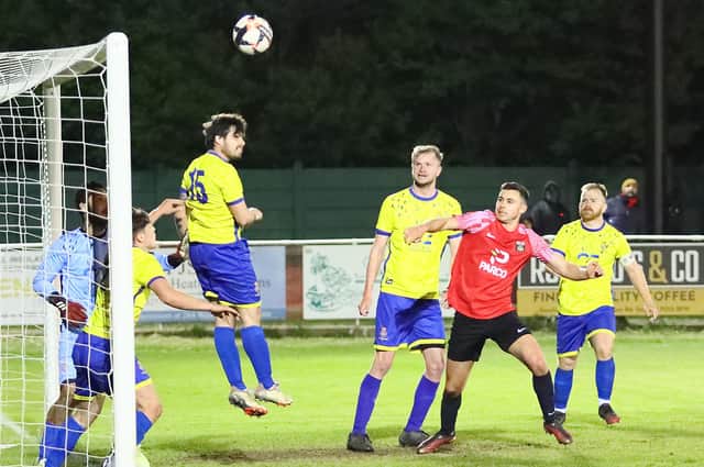 Fleetlands (yellow) lost to Fareham on penalties in the semi-final of the Portsmouth Senior Cup. Picture by Ken Walker