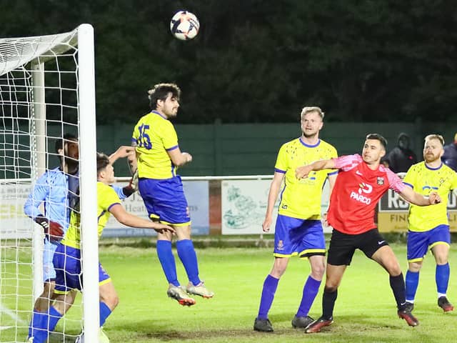 Fleetlands (yellow) lost to Fareham on penalties in the semi-final of the Portsmouth Senior Cup. Picture by Ken Walker