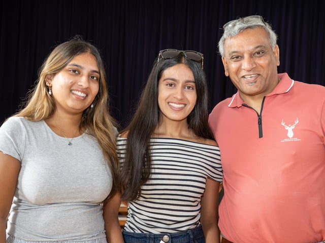 Students found out their A Level results this morning at Portsmouth High School as they prepare for their next steps in education.Pictured - Priyanka, 18, with sister Janisha and Dad, heading to Kings College London to study Dentistry. She leaves with three A*'sPhotos by Alex Shute