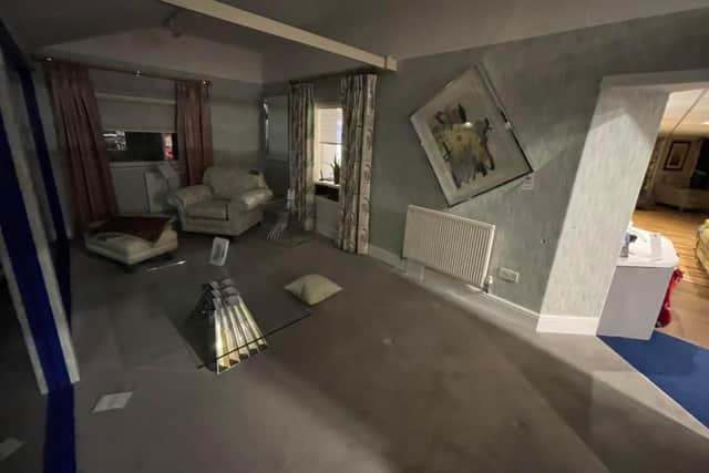 The aftermath of the raid, in which two luxury sofas were stolen from Farlington's Material Things store by a gang of thieves.
