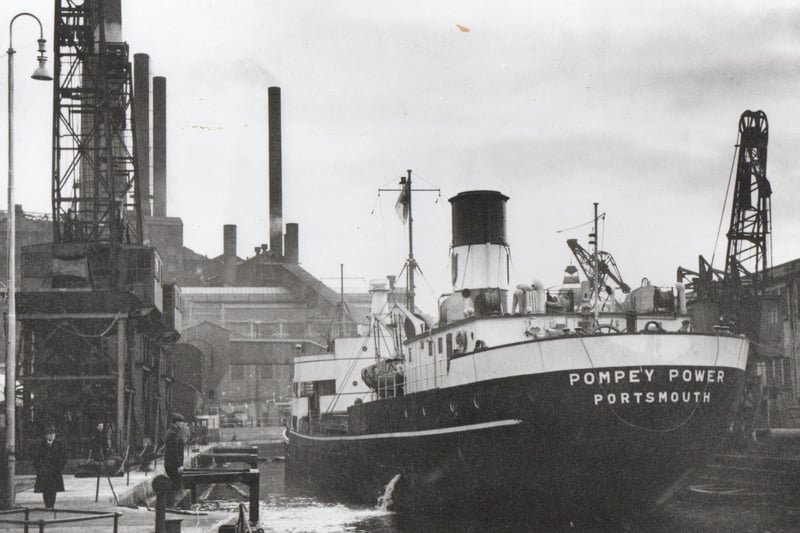 Here we see the collier ‘Pompey Power’ arriving at her unloading dock opposite Portsmouth power station. Picture: Barry Cox collection