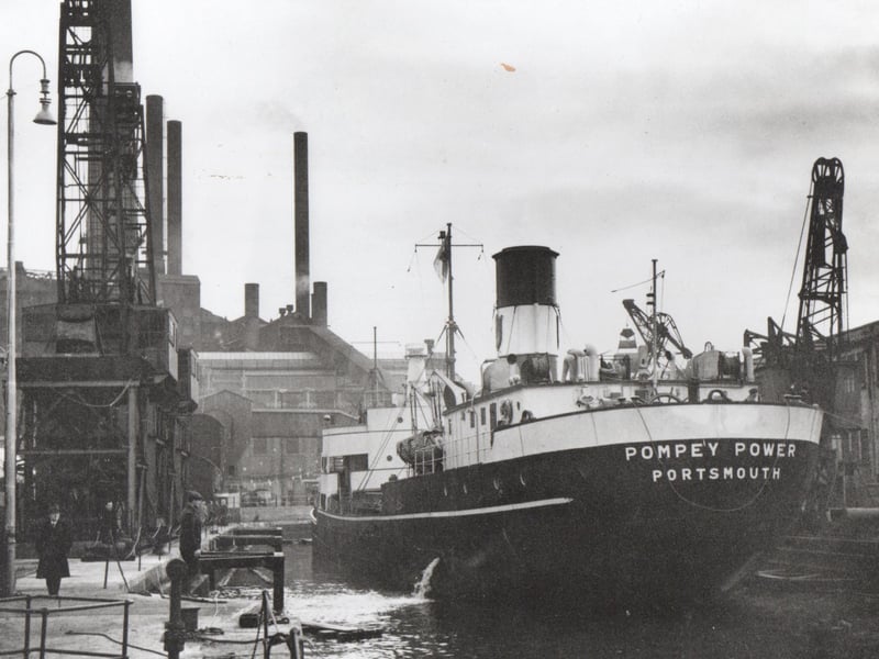 Here we see the collier ‘Pompey Power’ arriving at her unloading dock opposite Portsmouth power station. Picture: Barry Cox collection