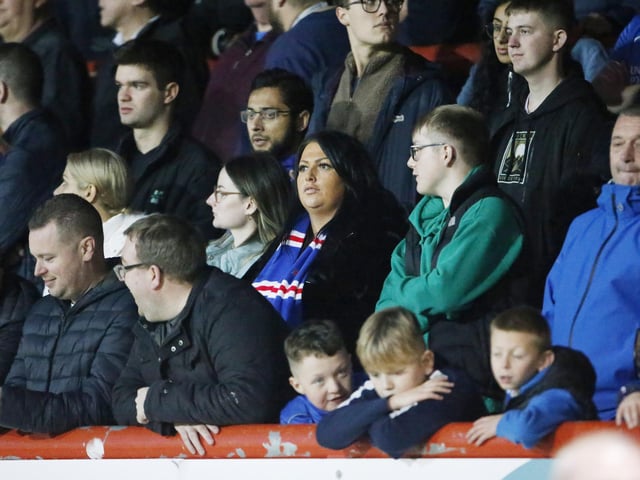 Portsmouth fans during the EFL Sky Bet League 1 match between Morecambe and Portsmouth at the Globe Arena, Morecambe, England on 12 November 2022.