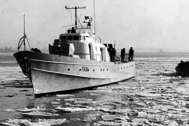 K.D. Sri Kedah returns to Portchester in 1963. 
Seen returning through the ice in the 1963 winter is the Malaysian patrol boat K.D. Sri Kedah. Picture: Alan Chapman
