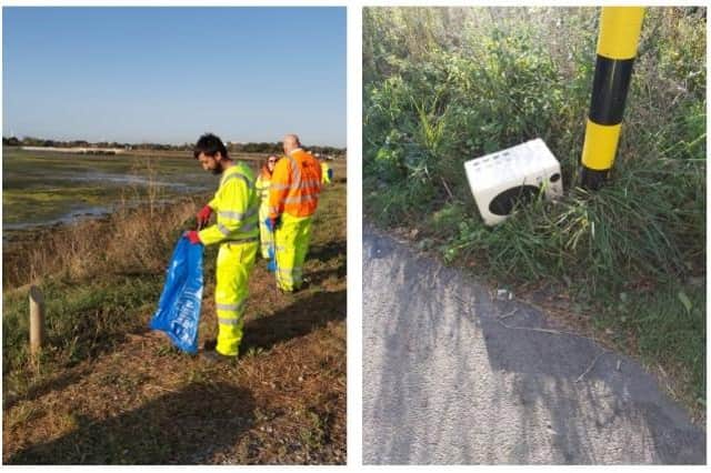Highways England contractors doing a litter pick at Farlington Marshes