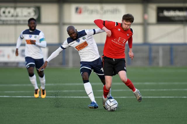 Bedsenté Gomis, left, in National League South action for Hawks against Eastbourne Borough last month.  Picture: Neil Marshall
