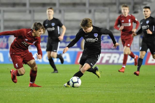Oscar Johnston in action for Pompey in their FA Youth Cup tie against Liverpool in December 18, 2018. Picture: Colin Farmery