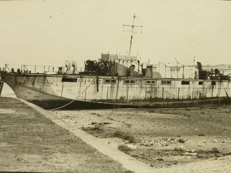 After WWII, Landing Craft, Infantry (Small) or LCI(S) 516 as a houseboat in Langstone Harbour. This craft carried about 100 troops and landed personnel of No.6 Commando on Sword Beach on D-Day. Many landing craft were sold off for use as houseboats after the war, and handful still remain in the area. Photo by Lieutenant Phillips William Doleman Winkley of LCT 979.