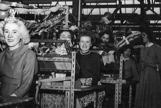 Ultra Television factory 1958.Sent in by Dorothy Cousins, we see her second from the right, taken at Ultra Television factory in Fareham Road, Gosport at Christmas 1958. Maureen Downing is to the right and Janet ? with just the eyes showing left of Dorothy..