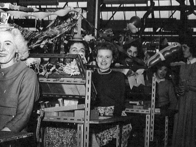 Ultra Television factory 1958.Sent in by Dorothy Cousins, we see her second from the right, taken at Ultra Television factory in Fareham Road, Gosport at Christmas 1958. Maureen Downing is to the right and Janet ? with just the eyes showing left of Dorothy..