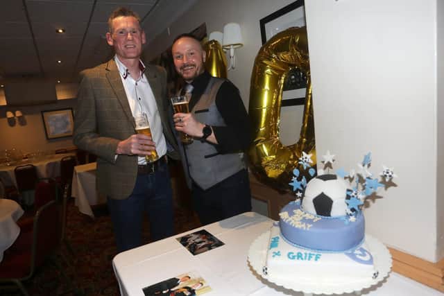 Let's celebrate pictures of Paul Allan, (waistcoat) who was 50 last Sunday and his friend Paul Griffub, (Griff) (in suit jacket) who is 50th this Friday. Pictured at their joint party at the Innlodsge in Portsmouth.

Picture: Sam Stephenson.