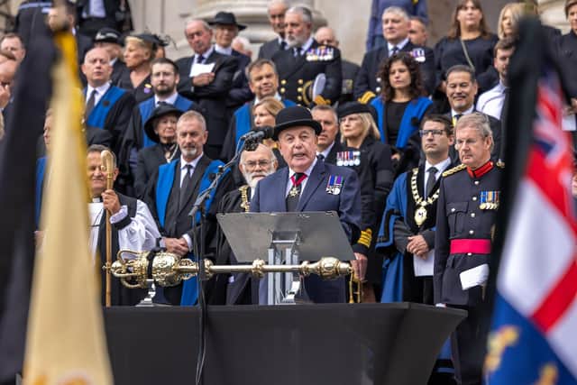 Vice Admiral John McAnally CB LVO, former navigating officer on the Royal Yacht Britannia, addressing the crowd in the Guildhall Square. Picture: Mike Cooter (180922)
