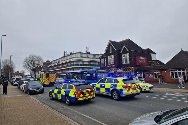 Emergency services scrambled to the scene of a crash outside Green Posts in London Road, North End, this afternoon.