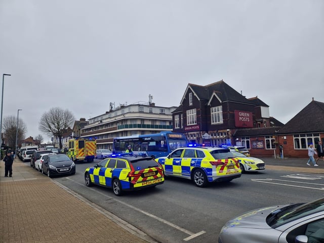 Emergency services scrambled to the scene of a crash outside Green Posts in London Road, North End, this afternoon.
