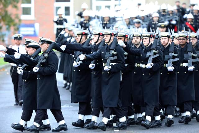 The Royal Navy's Ceremonial Guard in their final rehearsal for their duties at the Cenotaph in London, on Remembrance Sunday. They were photographed at Whale Island, Portsmouth
Picture: Chris Moorhouse   (jpns 101121-21)