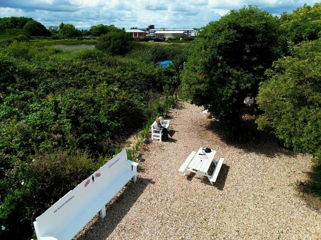 Drone photograph over Langstone, by the war memorial near Eastern Road. Taken on July 1.