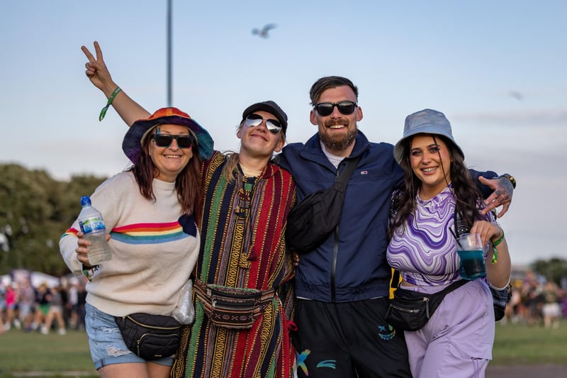 First-time festival goer Sara Clarke (60) with Yasmin Byrne (26), Tom Dunne (30) and Emily Bowden (26). Picture: Mike Cooter (260823)