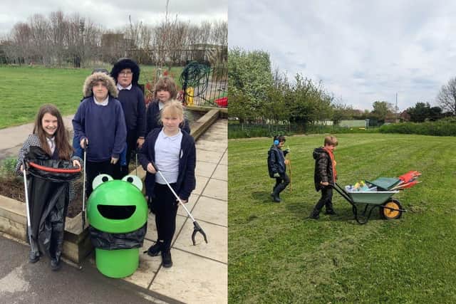 Beacon View Primary Academy has celebrated receiving an Eco-Schools Green Flag award. 
Pictured: Students litter picking
