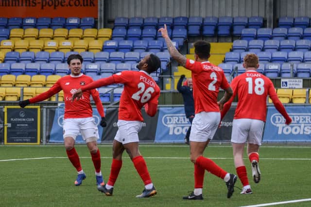 Dominic Poleon, second left, celebrates his goal just 24 seconds after coming on as a sub for Ebbsfleet at Westleigh Park at the weekend. Pic: Daniel Haswell/SPP