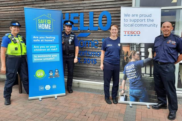 Pictured (L-R): Southsea Police Community Support Officers Wendy Clark and Steve Burden, Tesco Fratton Way Community Champion Gemma Morrison and Hampshire and Isle of Wight Fire & Rescue Service Community Inclusion Team Coordinator Jasper Taylor.