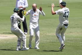 Nathan Lyon, centre, is congratulated by Tim Paine, left, and Cameron Green after taking the wicket of India's Shubman Gill during this week's Test at the Gabba, Brisbane. Pic: AP Photo/Tertius Pickard.