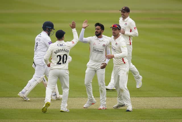 Lancashire's Hasan Ali (centre) celebrates with his team mates after taking the wicket of Hampshire's Liam Dawson. Picture: Andrew Matthews/PA Wire.