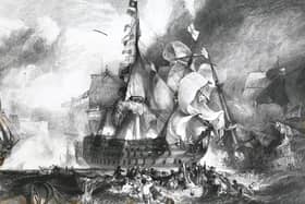 The 'HMS Victory' flying the signal 'England expects' at the Battle of Trafalgar, 21st October 1805. After Turner. (Photo by Hulton Archive/Getty Images)