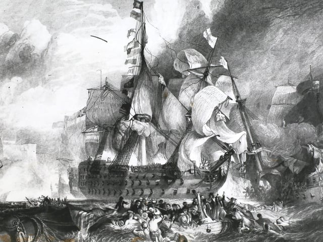 The 'HMS Victory' flying the signal 'England expects' at the Battle of Trafalgar, 21st October 1805. After Turner. (Photo by Hulton Archive/Getty Images)