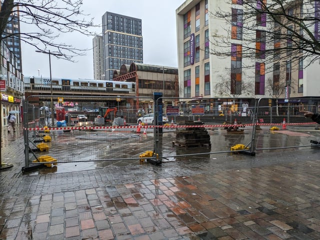 Roadworks on Isambard Brunel Road - between Portsmouth and Southsea Railway Station and Guidhall Square.