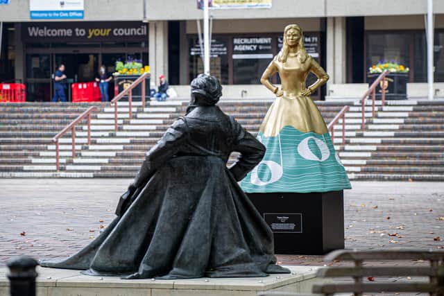 A sculpture of Frances Dickens has been placed opposite the statue of author Charles Dickens on Guildhall Walk, Portsmouth on 22 September 2020. Picture: Habibur Rahman