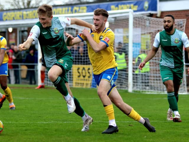 Maxwell Kinsey-Wellings, right, on his home debut for Gosport against Hendon. Picture by Tom Phillips