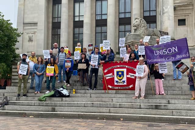Protesters pictured staging a rally at Portsmouth's Guildhall, calling on more action to be taken to help Afghan refugees fleeing from Kabul. Photo: Tom Cotterill