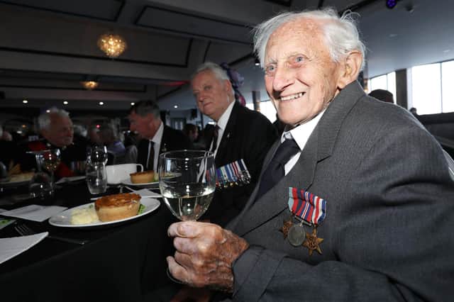Charles Eldred pictured dur a veterans' lunch on South Parade Pier in 2019 during the D-Day commemorations.  Picture: Chris Moorhouse           (060619-39)