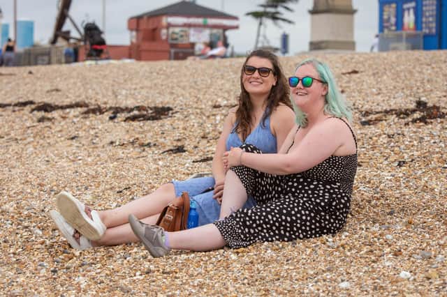 Portsmouth sun worshippers can expect a warm end to summer this September. Pictured: Maxine Renfew and Rachel Carruthers.