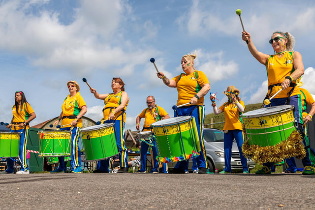 Members of the Big Noise Community Samba Band greeted visitors as the festival opened. Picture: Mike Cooter (210522)