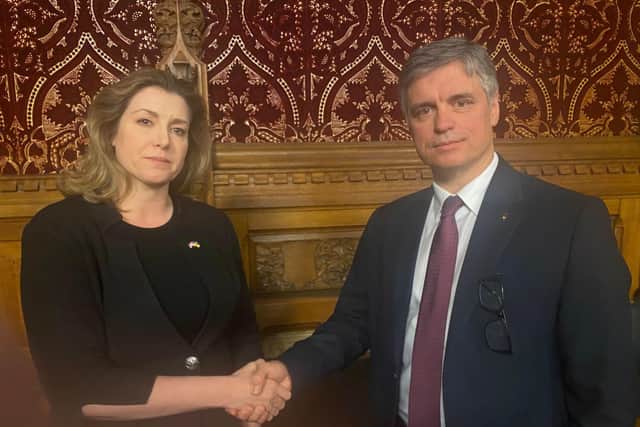 A hand of friendship: Ukraine's ambassador to the UK Vadym Prystaiko shakes the hand of Portsmouth North MP Penny Mordaunt as he praises the city for its efforts supporting Ukraine